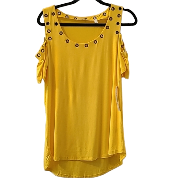 CYRUS BRAND WOMENS YELLOW SHORT SLEEVE COLD SHOULDER SUMMER TOP SIZE MEDIUM - Picture 1 of 15